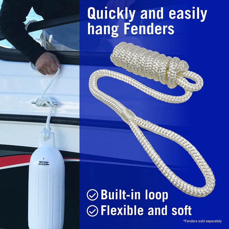 Better Boat Boat Fender Lines, 3/8 Inch Double Braided Nylon Rope, 6 Ft with Loop, 2 Pack, White, for Buoy, Jet Ski Mooring, Docking & Small Boat Bumpers - Image 2